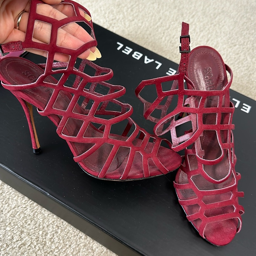 Schutz Caged Heels in Burgundy Suede